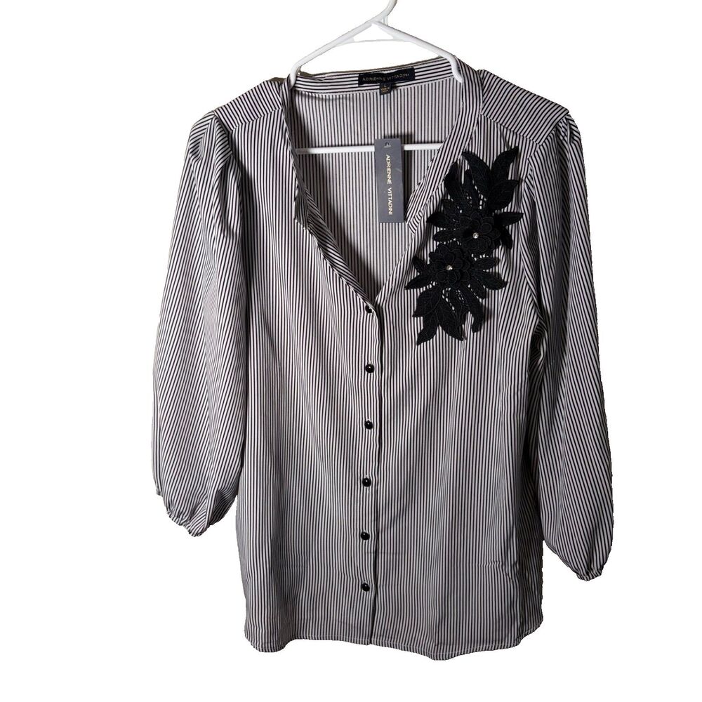 Adrienne Vittadini Blouse Women's Large Striped Button Up Rosette 3/4 Sleeve